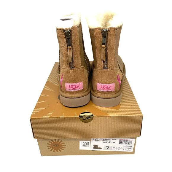 UGG Size 7 Shiny Classic Mini Zip Cancer Awareness Chestnut Boots NEW IN BOX - Picture 5 of 16